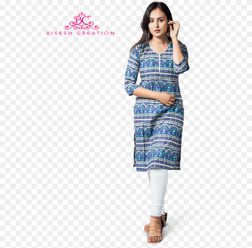 Blue Jaipuri Printed Pure Cotton Kurti With Cotton Leggings, Sleeve, Clothing, Dress, Long Sleeve Free Png