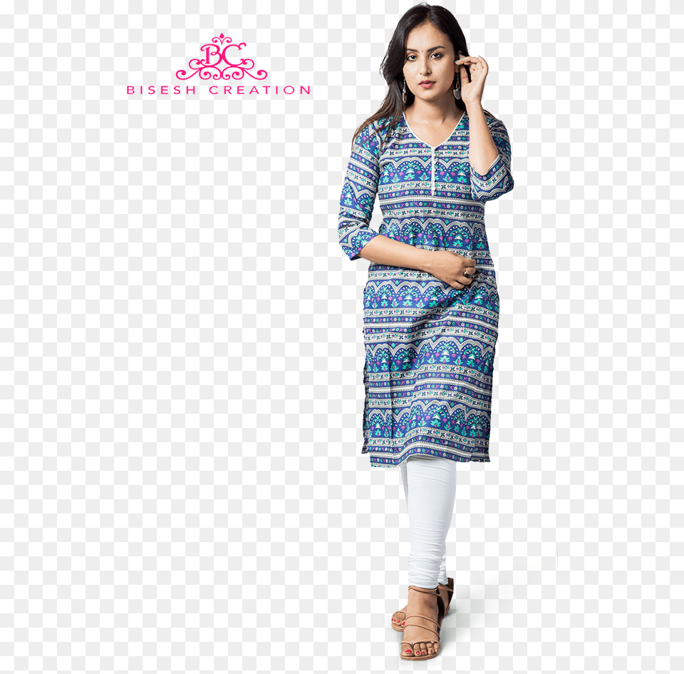 Blue Jaipuri Printed Pure Cotton Kurti With Cotton Women Kurti And Leggings, Sleeve, Clothing, Dress, Long Sleeve Free Png Download