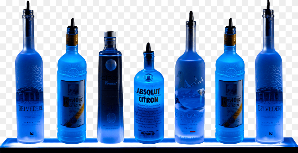 Blue Light Shelf White Background Alcohol Bottles Transparent Background, Beverage, Liquor, Gin, Bottle Png Image