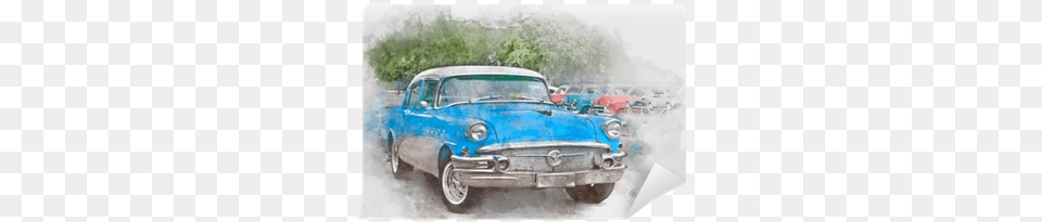Blue Old Car In Cuba Watercolor Wall Mural Pixers Watercolor Painting, Coupe, Sports Car, Transportation, Vehicle Png Image