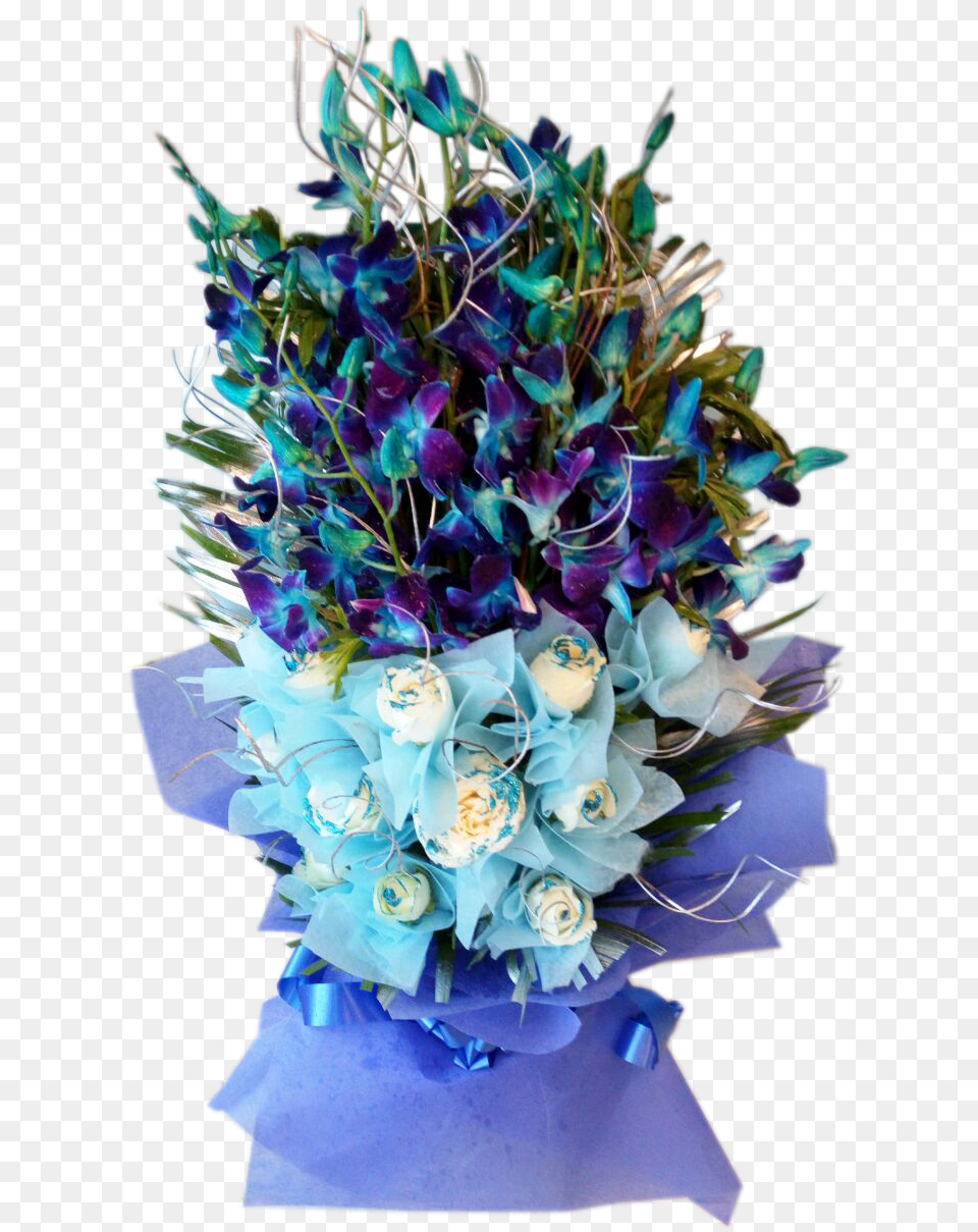 Blue Orchids And White Rose Bouquet Bouquet, Art, Floral Design, Flower, Flower Arrangement Png Image