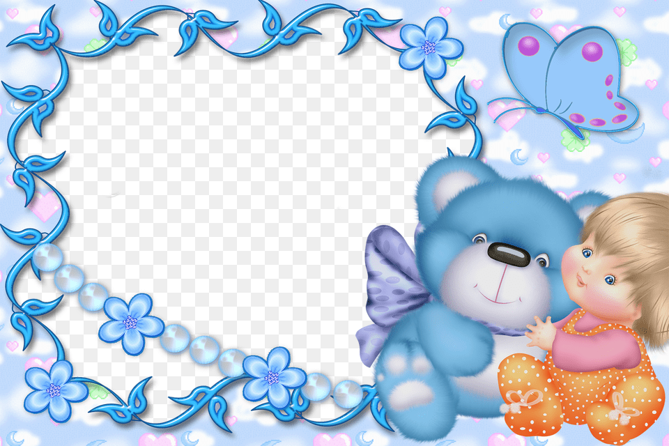 Blue Teddy Bear Frame For Baby For Photoshop, Toy, Doll, Art, Graphics Free Transparent Png