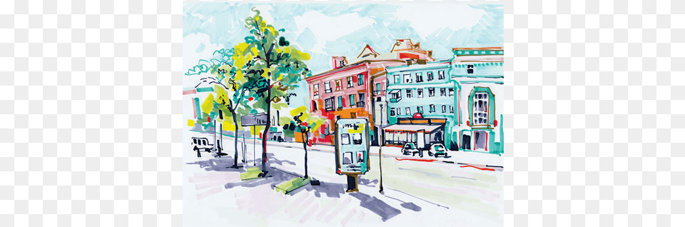 Blue Watercolour City Scene Cityscape, Art, Urban, Street, Road Png Image