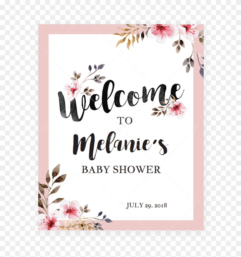 Blush Flowers Welcome Sign For Shower Party By Littlesizzle Baby Shower Welcome Board, Envelope, Greeting Card, Mail, Plant Free Png Download