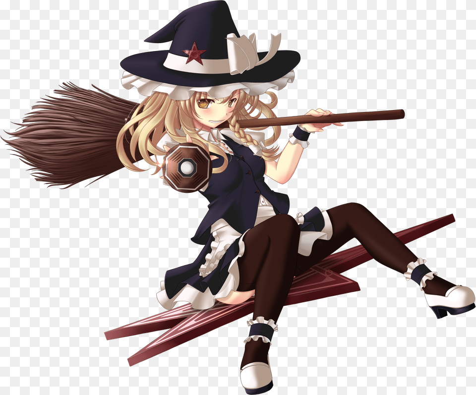 Blush Highres Touhou Short Hair Thighhighs Blonde Smile Broom Transparent Background, Book, Comics, Publication, Adult Free Png Download