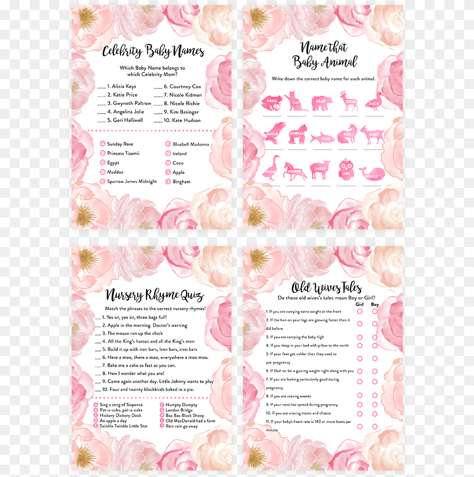 Blush Pink Floral Baby Shower Game Pack Wedding Invitation, Page, Text, Menu, Flower Free Transparent Png