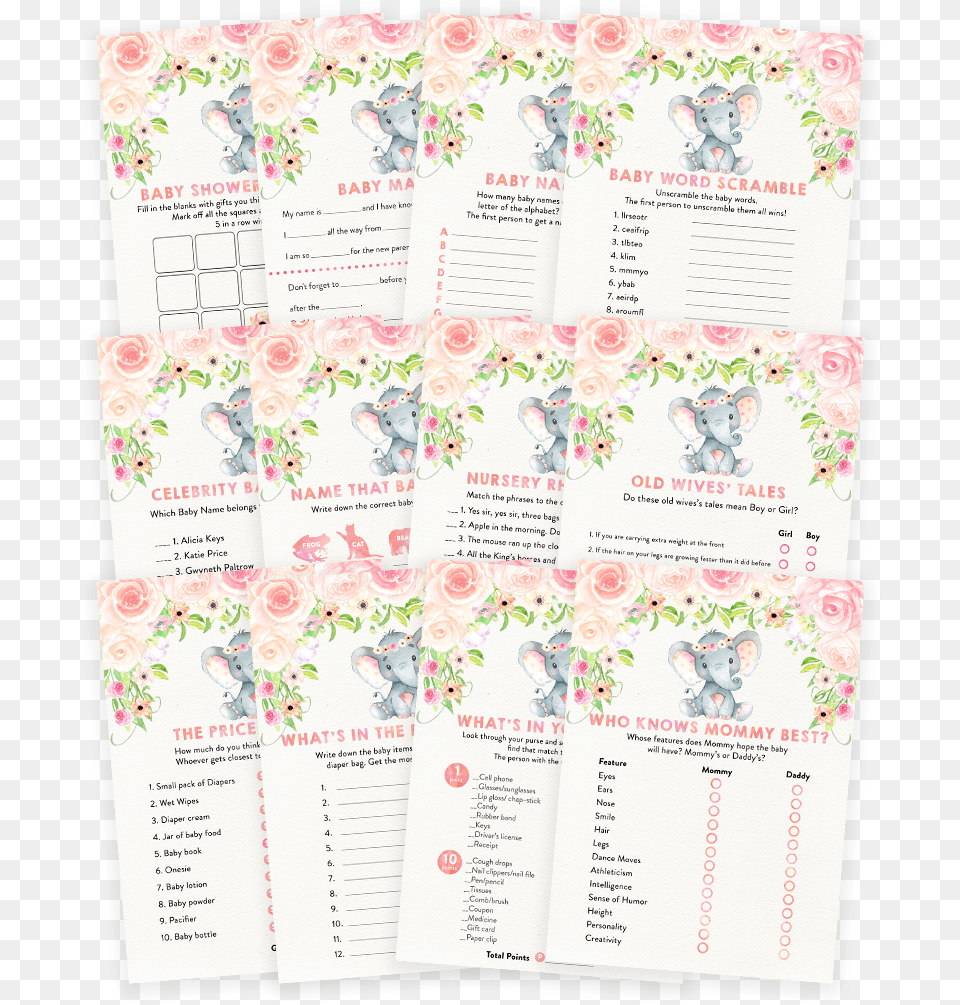 Blush Pink Floral Elephant Baby Shower Game Pack, Page, Text, Advertisement, Poster Png Image