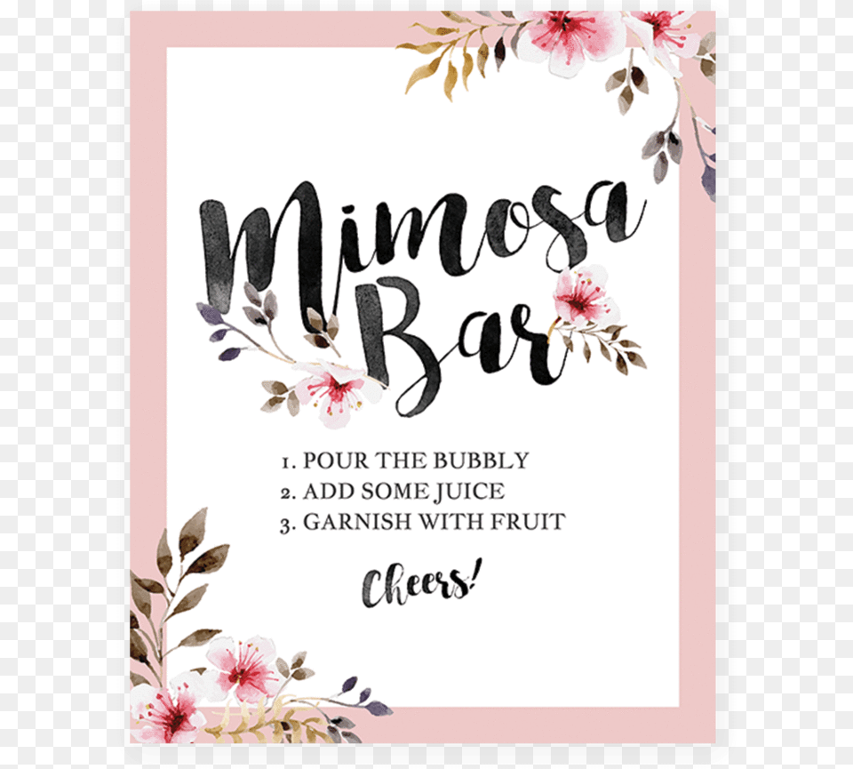 Blush Pink Floral Mimosa Bar Sign Printable By Littlesizzle Baby Shower Signs For Tables, Advertisement, Plant, Poster, Book Free Png