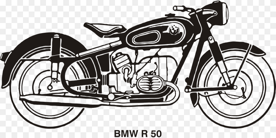 Bmw R253 Year 1953 Clipart Icon Vintage Motorcycle Print Black And White, Spoke, Machine, Vehicle, Transportation Free Transparent Png