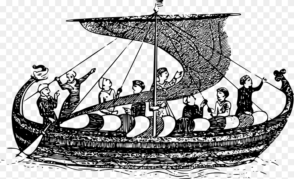 Boat Longboat Sail Ship Viking Boat With People Clipart, Gray Free Png