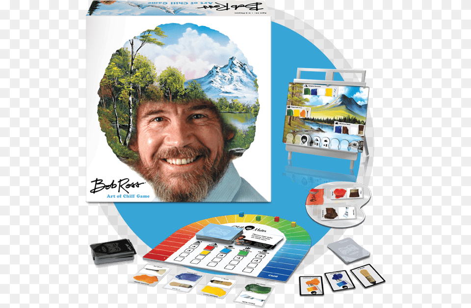 Bob Ross Art Of Chill Board Game Contents Bob Ross The Art Of Chill, Advertisement, Poster, Adult, Person Png