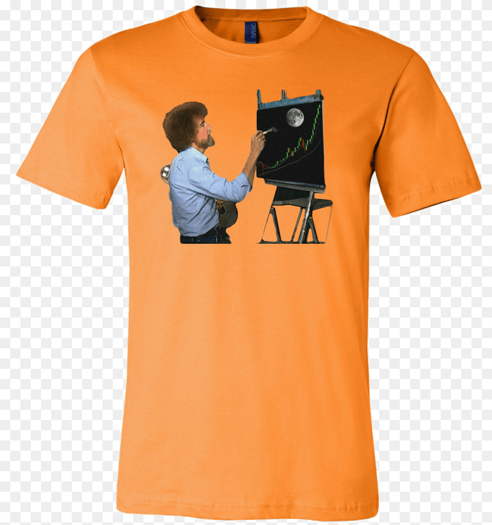 Bob Ross Crypto Night Painting T Shirt Orange T Shirt Mock Up, T-shirt, Clothing, Person, Man Free Png