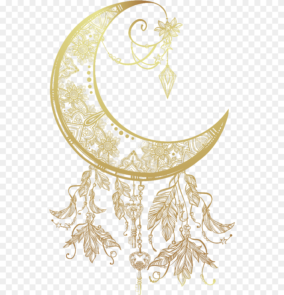 Boho Gold Bohemian Moon Freetoedit Tatto Dream Catcher With Moon, Accessories, Earring, Jewelry, Necklace Free Transparent Png