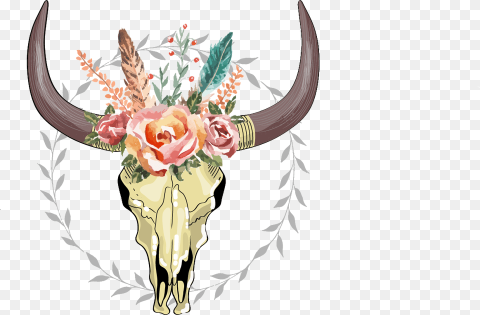 Boho Skull With Antlers Bohemian Skull Clipart, Animal, Bull, Mammal, Cattle Png