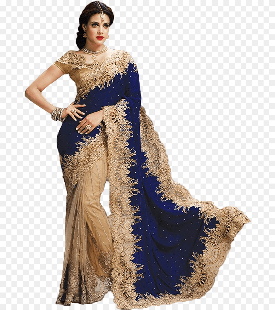 Bollywood Style Model Velvet And Net Saree In Blue Saree Fashion, Clothing, Dress, Silk, Formal Wear Png