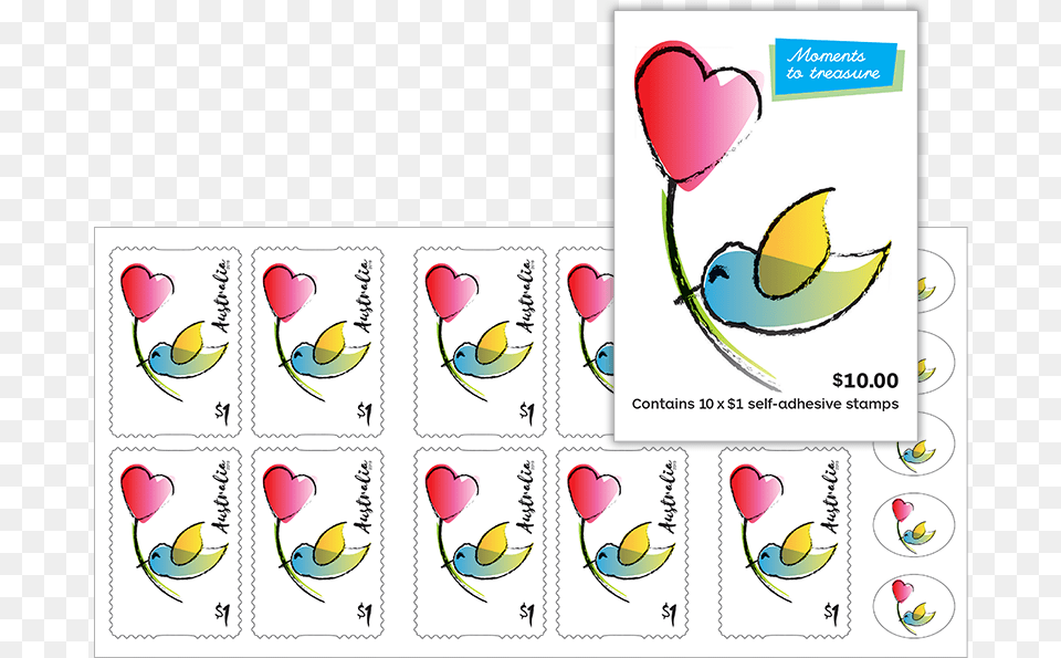 Booklet Of 10 1 Love Bird Stamps Product Photo Internal Cartoon, Plant, Petal, Flower, Text Png