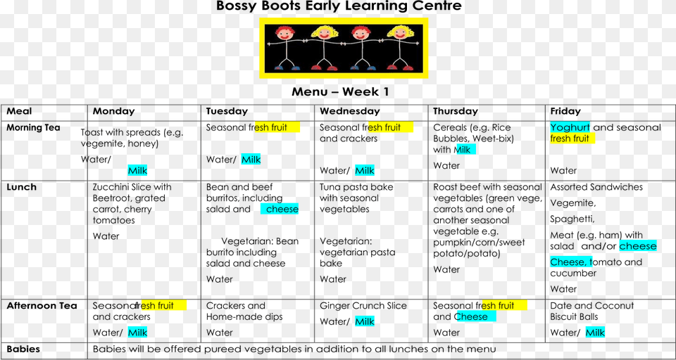 Bossy Boots Early Learning Centre Menu Week 1 Meal Free Png Download
