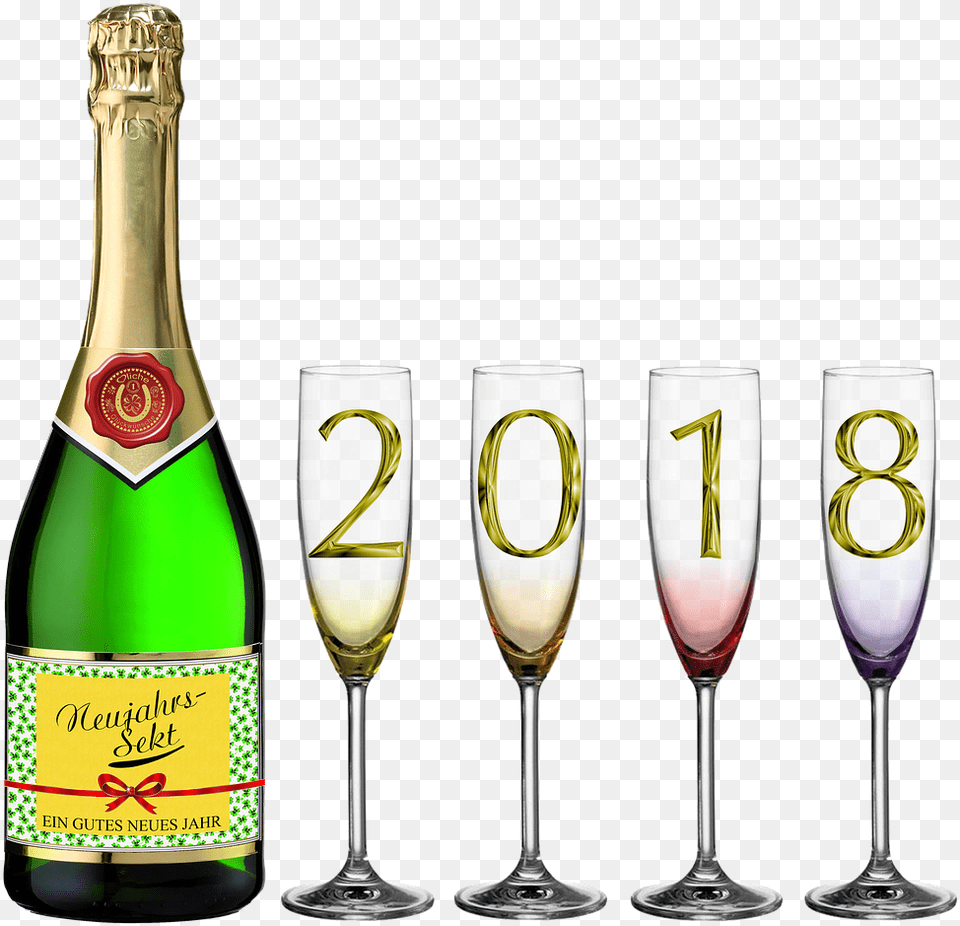 Bottle Of Sparkling Winechampagne Glassesnew Yearu0027s Eve Happy New Year 2018 Images, Glass, Alcohol, Beverage, Liquor Free Png