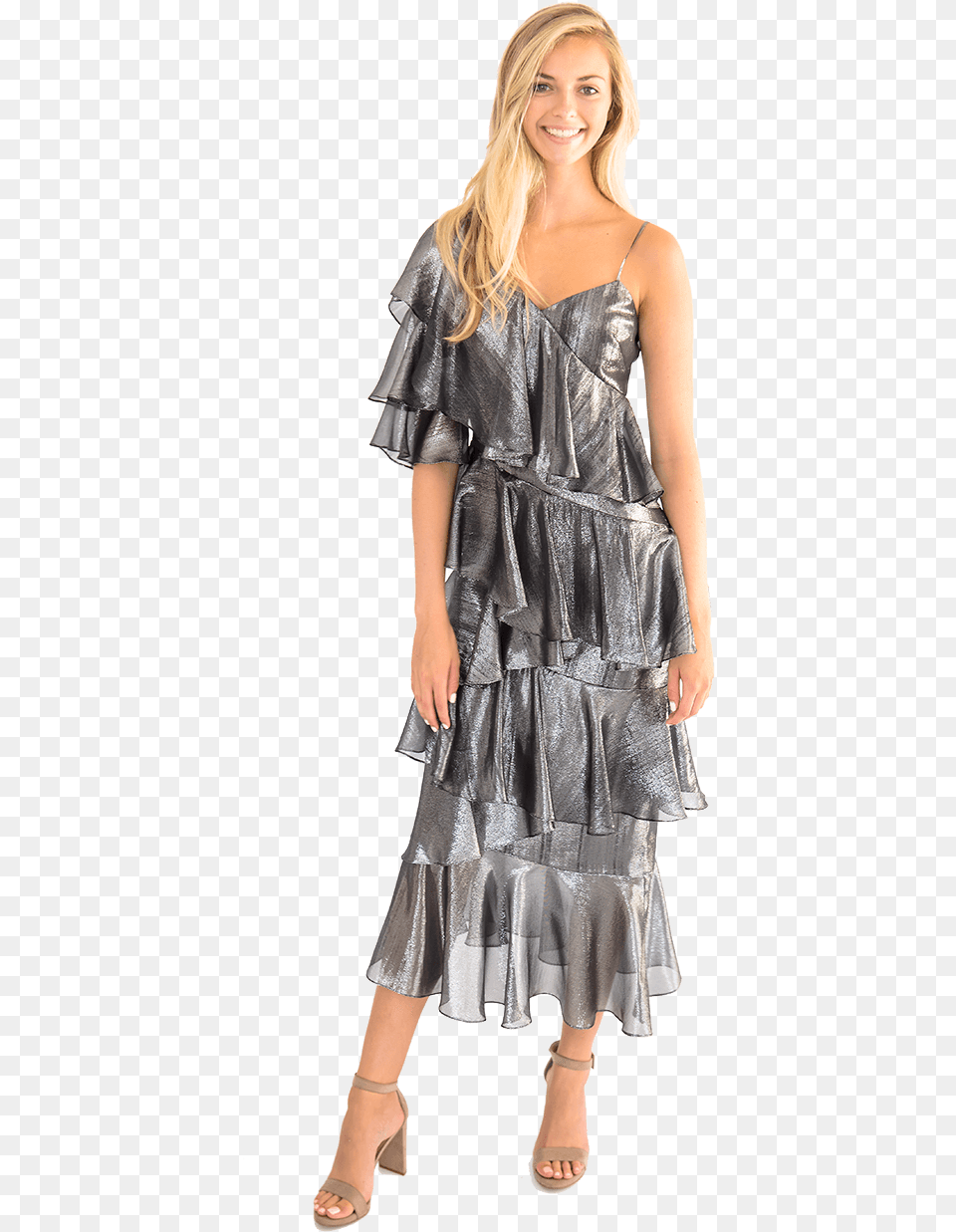 Bowie Gunmetal Ruffle Dress Day Dress, Adult, Sandal, Person, Formal Wear Png