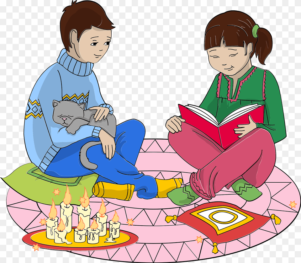 Boy And Girl Reading Tales On Christmas Eve Clipart, Baby, Person, Book, Comics Free Transparent Png