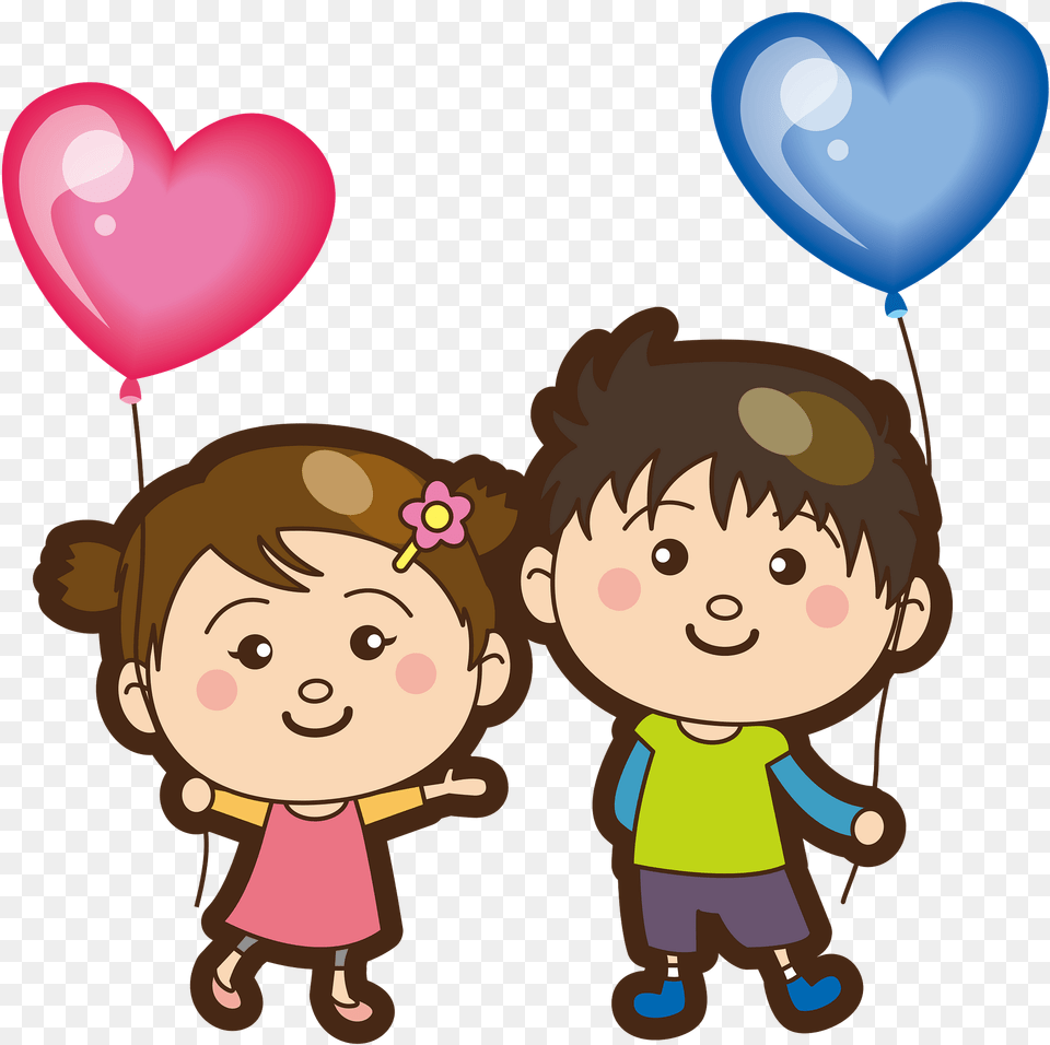 Boy And Girl With Heart Balloons Clipart Download Brother And Sister Cartoon, Balloon, Baby, Person, Face Png