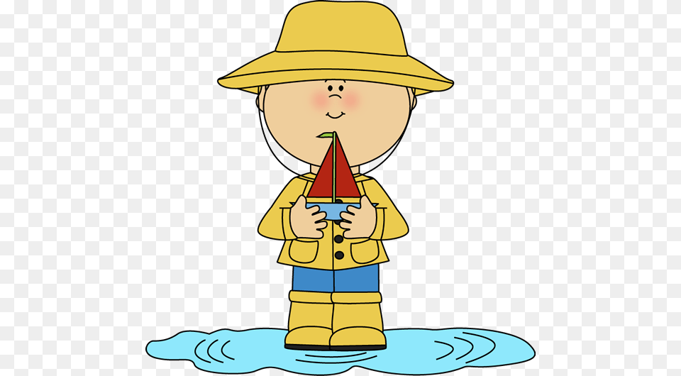 Boy In Rain Puddle With Toy Boat Clip Art, Clothing, Hat, Baby, Person Png