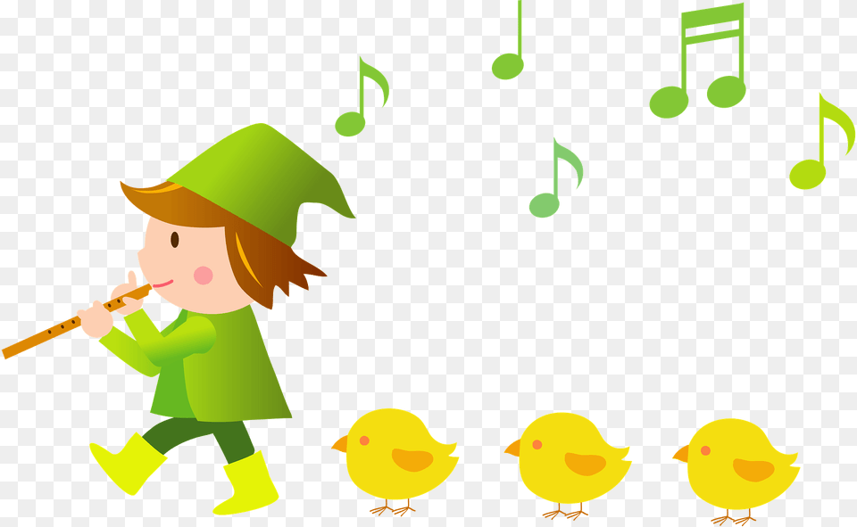 Boy Is Playing The Recorder And Is Followed By A Line Of Chicks Clipart, Clothing, Hat, Baby, Person Free Transparent Png