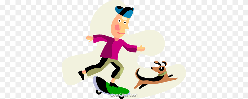 Boy On A Skateboard Walking His Dog Royalty Vector Clip Art, Nature, Outdoors, Winter, Person Png Image