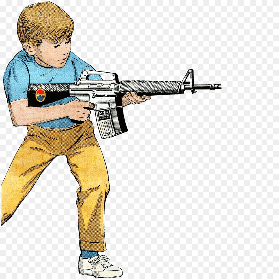 Boy Playing With A Machine Gun Clipart, Weapon, Rifle, Firearm, Person Png Image