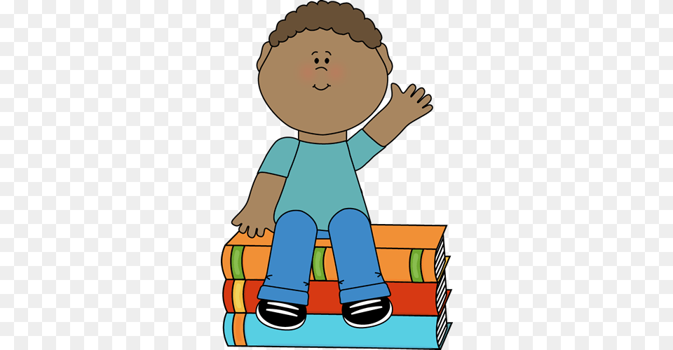 Boy Sitting On Books And Waving Waving Clip Art, Clothing, Pants, Person, Reading Png Image
