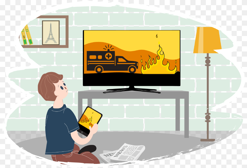 Boy Watching Tv And Ipad With Scary News On Them Kids Helpline, Fireplace, Indoors, Person, Computer Hardware Free Png