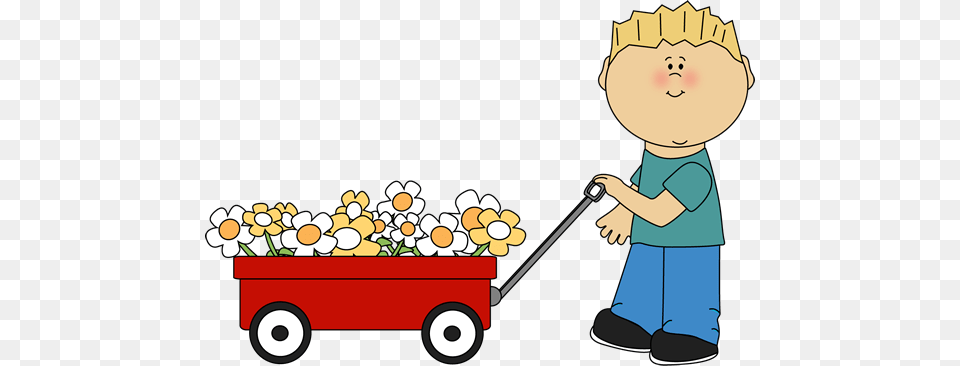 Boy With Flower Filled Wagon Boy With Flowers Clipart, Cleaning, Person, Tool, Plant Png Image