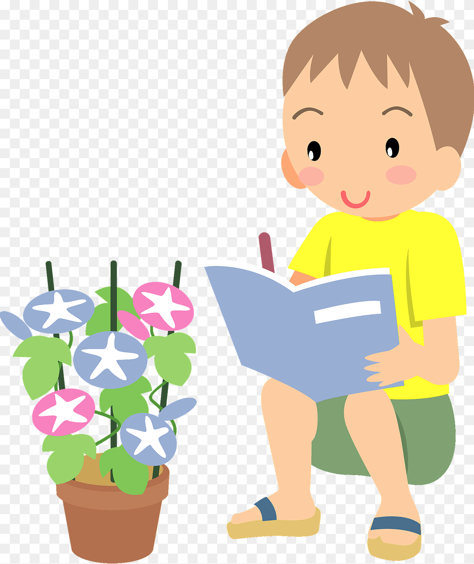 Boy Writing Morning Glory In A Pot Clipart, Person, Reading, Baby, Face Free Png