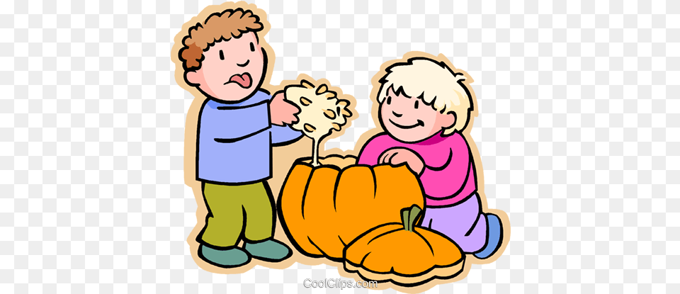 Boys Carving Halloween Pumpkin Royalty Free Vector Clip Art Carve Pumpkin Clip Art, Food, Plant, Produce, Vegetable Png