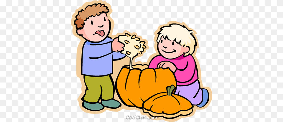 Boys Carving Halloween Pumpkin Royalty Vector Clip Art, Vegetable, Food, Produce, Plant Png