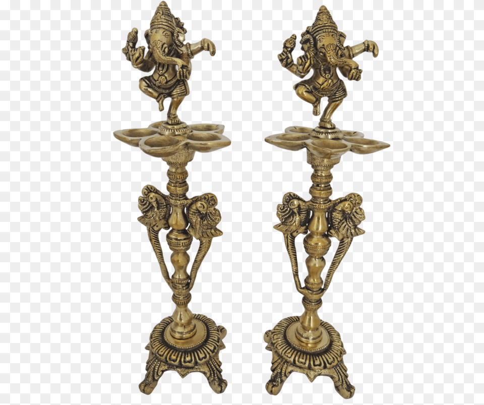 Brass Ganesha Pair Kuthuvilaku With 5 Face Jyot Showpiece Antique, Bronze, Candle, Baby, Person Free Transparent Png