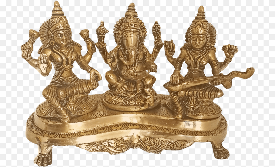 Brass Ganesha With Goddess Lakshmi And Saraswathi Statue Saraswati, Bronze, Person, Treasure, Furniture Png Image