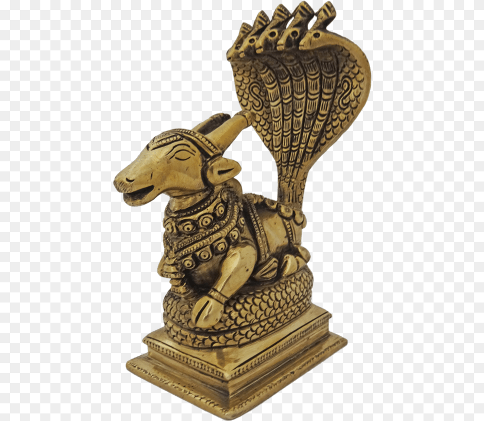 Brass God Nandi Sitting Under Five Headed Snake Statue Bronze Sculpture, Figurine, Art, Animal, Bird Png Image