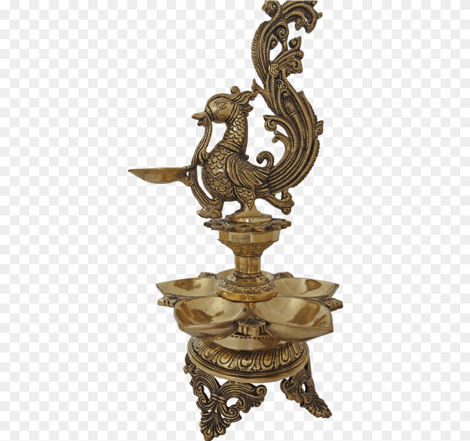Brass Peacock Diya With 6 Face Jyot Showpiece 9 X Antique, Bronze, Animal, Bird Png Image