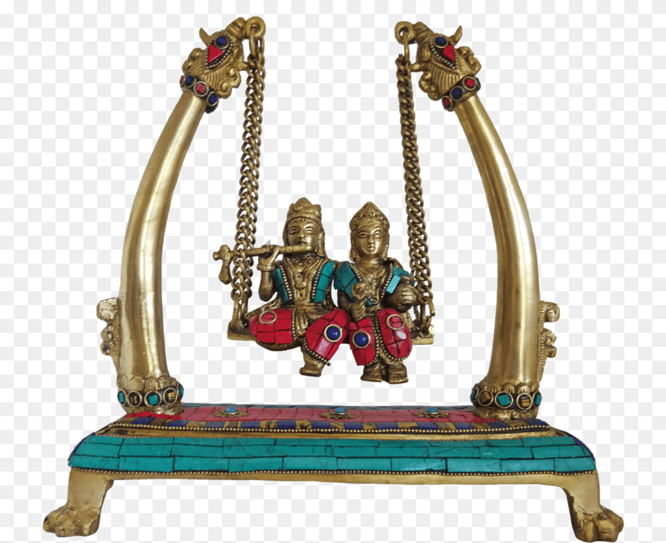 Brass Radha Krishna Playing Flute With Multi Stone Swing, Bronze, Baby, Person, Furniture Free Png