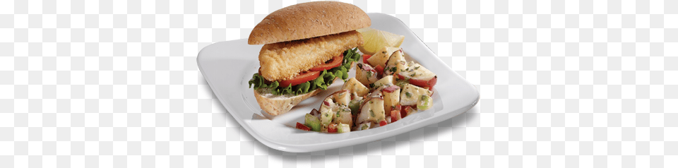 Breaded Fillet Sandwiches With Grilled Potato Salad Tomato, Burger, Food, Food Presentation, Lunch Free Transparent Png