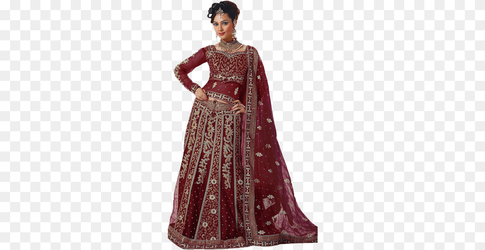 Bridal Dress Amp Fashion Makeup With Maroon Lehenga, Clothing, Formal Wear, Gown, Wedding Free Png Download