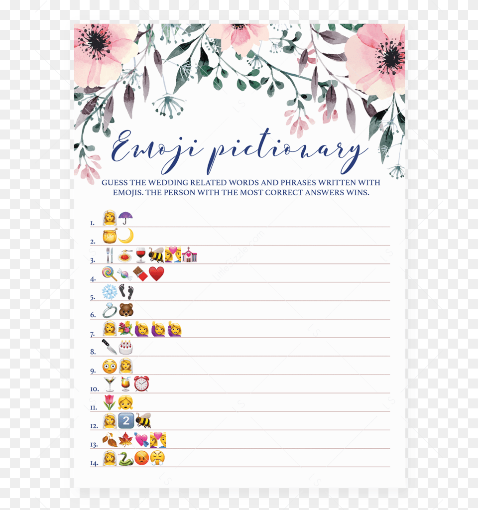 Bridal Shower Emoji Pictionary Game By Littlesizzle Bridal Shower Emoji Pictionary, Page, Text Free Png Download