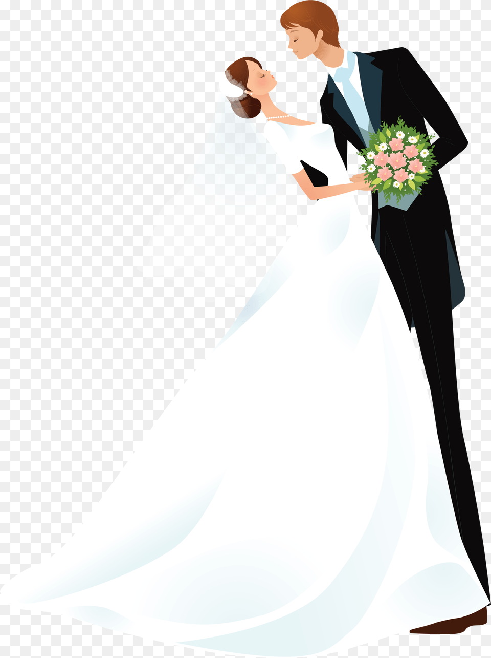 Bride And Groom Cartoon Wedding, Flower Bouquet, Gown, Flower Arrangement, Flower Free Png Download