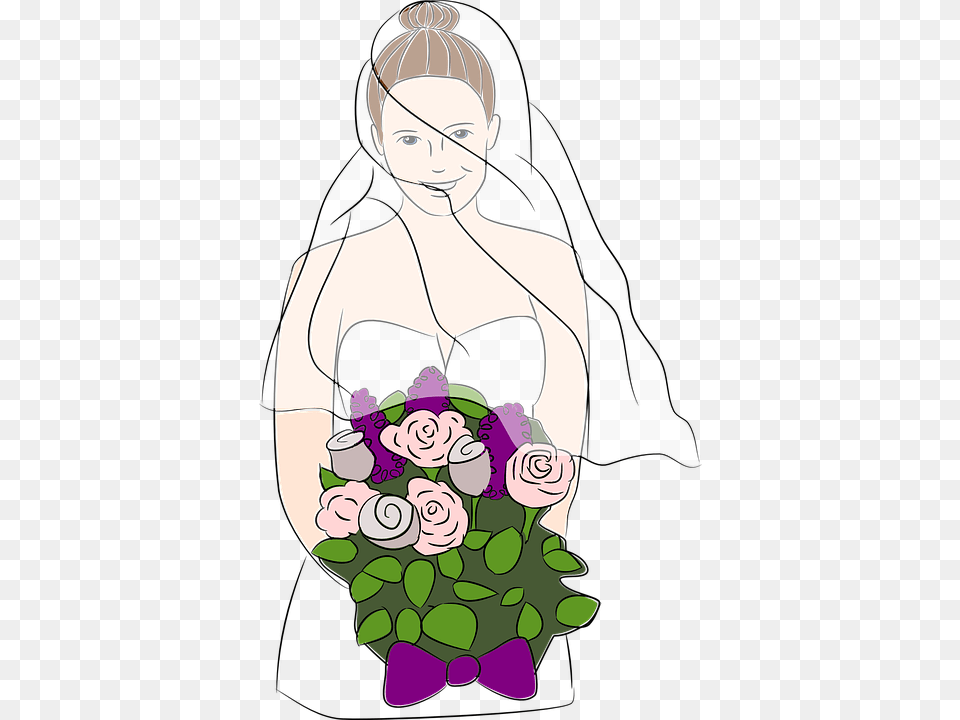Bride Dress Wedding Flowers Fancy Veil Woman Bride With Bouquet, Flower Arrangement, Plant, Flower, Flower Bouquet Png