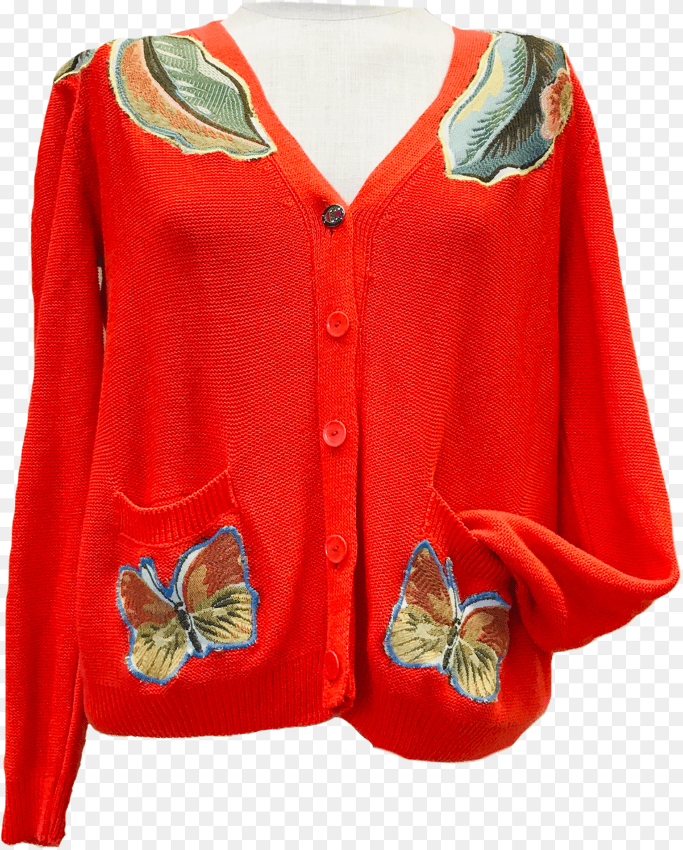 Bright Orange Butterfly Size Large Cardigan, Clothing, Knitwear, Sweater, Coat Free Png