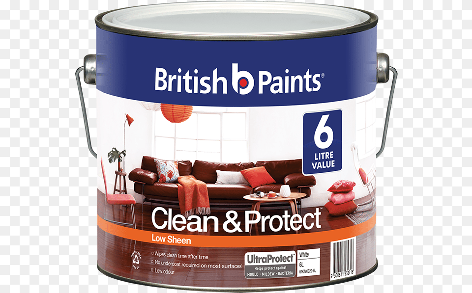 British Paints Clean Amp Protect Low Sheen Creates A British Paints, Paint Container, Couch, Furniture Png Image