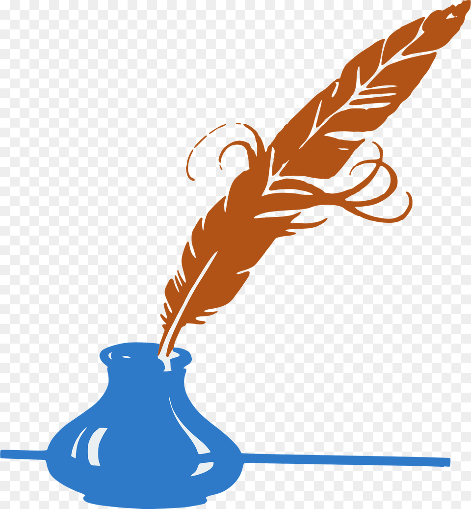 Brown Feather Quill In An Blue Inkwell Clipart, Bottle, Ink Bottle Png