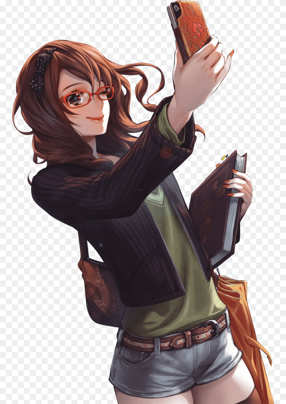 Brown Hair Anime Girl Glasses Phone Anime Girl Brown Hair, Woman, Publication, Person, Female Png