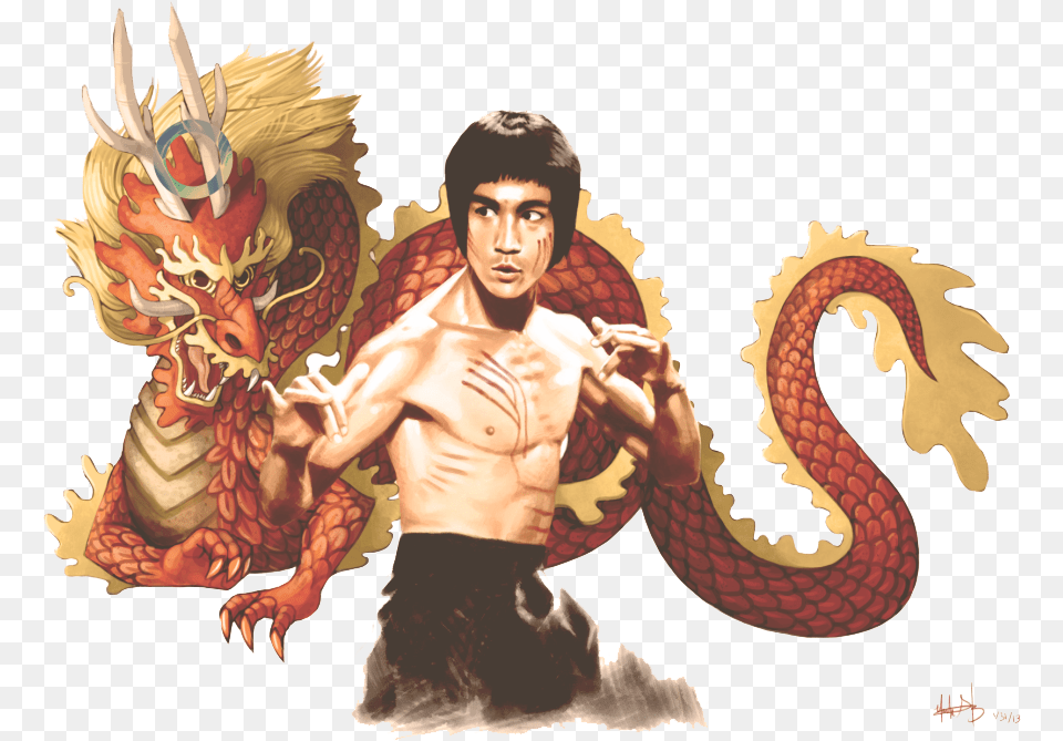 Bruce Lee With Dragon Background, Adult, Male, Man, Person Png Image